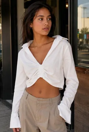 H&M Divided White Ruched Bell Sleeve Crop Top Y2K Coquette M thumbnail 1