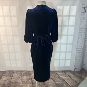 Lucy Paris Blue Velvet Puff Sleeve Surplice Neck Pleated True Wrap Dress Size XS thumbnail 6