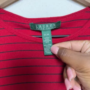Lauren Ralph Lauren Women Cotton Top M Red Striped Long Sleeve Pocket‎ Preppy thumbnail 5