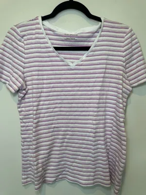 Talbots 100% Cotton Short Sleeve Striped V-Neck T-Shirt Size L White and Purple thumbnail 1