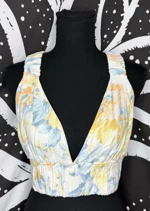 Abercrombie & Fitch White Floral V-Neck Crop Cami with Yellow & Blue Blooms thumbnail 1