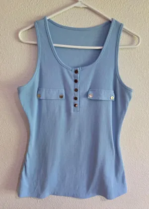 Blue Ribbed Tank Top Women’s L with Front Snap Buttons thumbnail 1