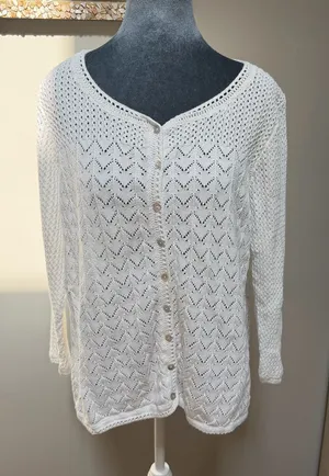 LL Bean White Pointelle Linen Cotton Cardigan 1X Crochet Feminine Grandmacore thumbnail 1