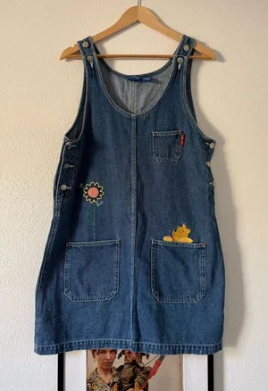 Cute Denim Jumper Dress with Flower & Bear Appliqués thumbnail 1