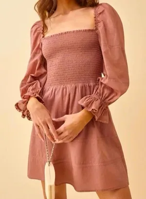 Reformation Dunes Smocked Long Sleeve Mini Dress Praline Pink Rose‎ thumbnail 1