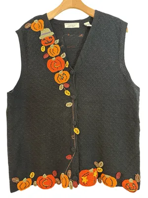 Lord & Taylor Karen Scott Vintage L Black Orange Pumpkin Halloween Sweater Vest thumbnail 1
