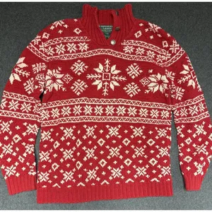 Vtg‎ Ralph Lauren Hand Knit Button Neck Sweater Red Nordic Snowflake P M thumbnail 2