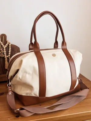 Canvas Weekender Bag with Brown Leather Trim thumbnail 1