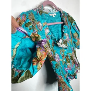Love The Label Green Floral Ruffle Puff Short Sleeve Cotton Blouse Size XS thumbnail 4