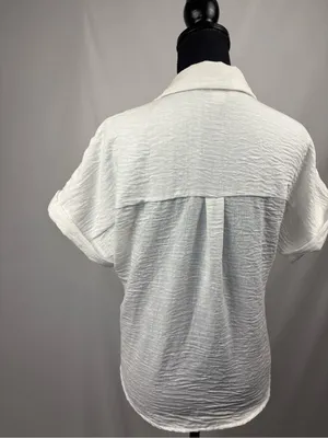 Monteau White Crinkled Short Sleeve Button-Down Shirt Medium thumbnail 6