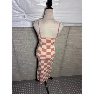 Amazon Peach Cream Checkered Knit Maxi Dress Small Adjustable Straps Bodycon Sweater thumbnail 3