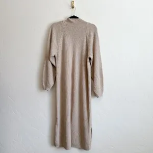 & Other Stories | Mock Neck Ribbed Knit Wool Blend Midi Dress in Oatmeal Tan‎ thumbnail 4