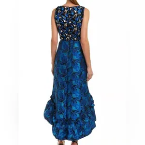 Badgley Mischka Belle‎ Blue Tapestry Jacquard Gown Dress Blue Retro High Low thumbnail 2