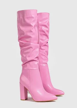 SheIn Women's Pointed Toe Chunky Heel Knee-High Boots With Side Zipper, Winter Warm Folded Boots thumbnail 2