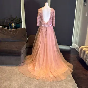 Women’s Pink Lace Appliqué Tulle Wedding Formal Prom Dress Leg Slit Size L NWOT thumbnail 5