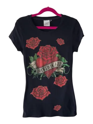 Y2K: Broken Heart ✿ Crystal Rose Tattoo Tee T Shirt ✿ Black Small ✿ Stretch Fit thumbnail 3