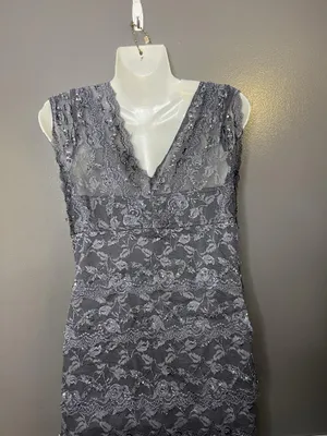 Blu Sage Dress Womens 10 Gray Lace Beaded V Neck Sheath Knee Length Party Formal thumbnail 8