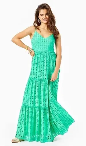 LILLY PULITZER Melody Maxi Dress In Gustavia Green Stripey Rayon Eyelet thumbnail 1