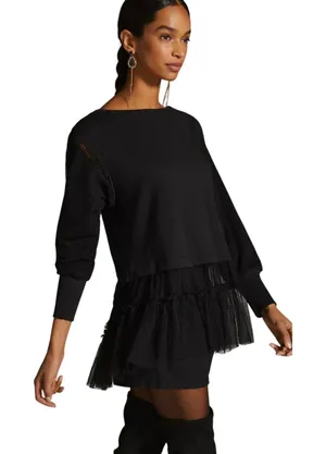 ANTHROPOLOGIE Women’s Boho Black Tulled Pullover Split Back Sweatshirt thumbnail 1