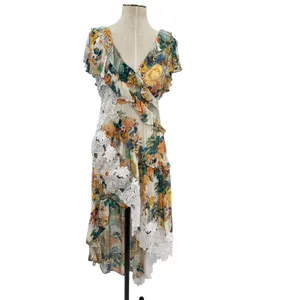 Anthropologie V-Neck Ruffle Lace Slip‎ Dress Floral White Multicolor Size US 4 thumbnail 3
