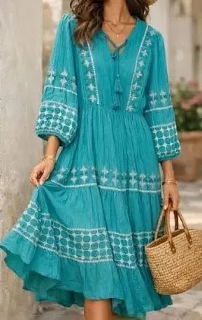 ✨Nurture Embroidered Pintuck Boho Green & White Maxi Sz Large Dress✨ thumbnail 1