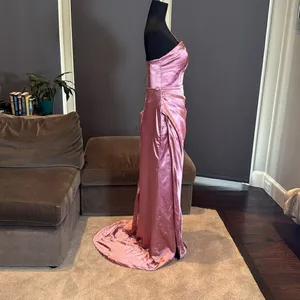 Women’s Pink One Shoulder Satin Dress Mermaid Fit Leg Slit Corset Size 8 *READ thumbnail 4