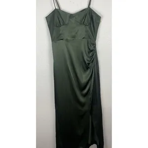 ZARA Green Satin Ruched Sweetheart Slip Midi Dress Spaghetti Strap Size S thumbnail 4
