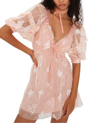NWT For Love & Lemons Shari Sequined Butterfly Lace Puff Slv. Dress Size Small thumbnail 2