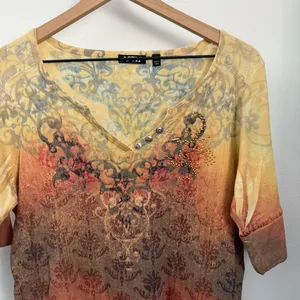 Apt. 9 Y2K XL Paisley Henley‎ Short Sleeve Tee Rib Yellow Red Orange Fire Floral thumbnail 2