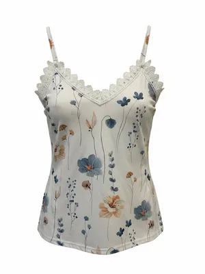 Floral Lace-Trim Camisole Top - White with Blue & Tan Flowers thumbnail 3