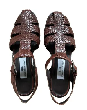 Etienne Aigner Fisherman T-Strap Braided Leather Brown Sandals Size 7M thumbnail 1