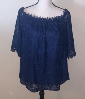 Women’s Miholl Navy Blue Bell Half-Sleeve Mesh Lace Top Off Shoulder thumbnail 1