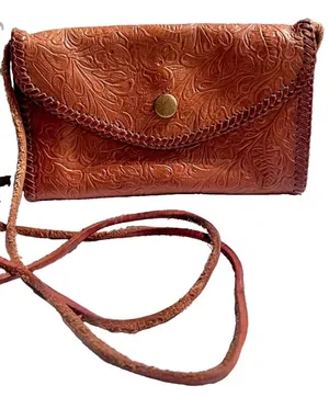 Hand-Tooled Leather Crossbody Purse Hand Made Floral Embossed Stitched Cognac thumbnail 1