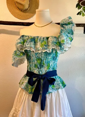 Vintage Handmade Blue Green Floral Print Lace Trim Bow Peplum Top Size Small thumbnail 1