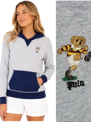 Polo Ralph Lauren Kicker Bear Cotton Hoodie Sweatshirt Football Gray Size S/M thumbnail 11