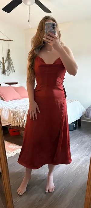 Azazie midi terracotta satin dress thumbnail 1