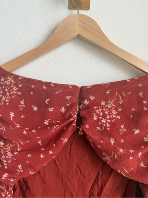Free People L Ruched Floral Chiffon Open Back Blouse Balloon Sleeve Boho Top thumbnail 11