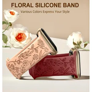 Unbranded Apple iWatch 9/8/7 SE Engraved Rose Floral 34mm‎ Silicone Watch Band thumbnail 6