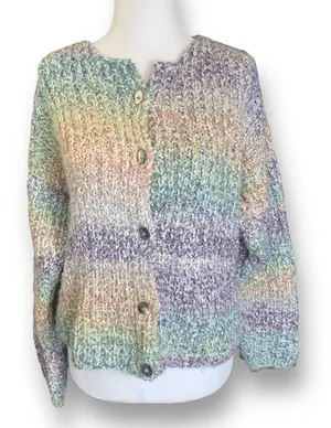 Vintage‎ Pastel Ombre Hand Knit Cardigan Chunky Cropped Sweater Rainbow Cozy thumbnail 1
