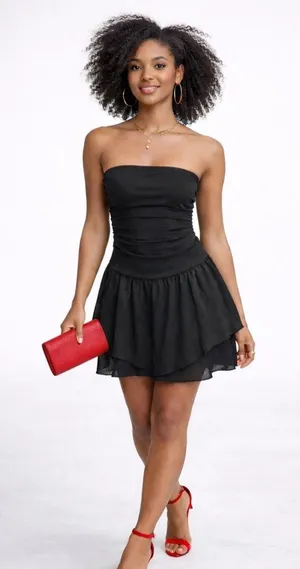 CIDER Women's Summer Cocktail Dress - Tube Ruched Ruffle Mini Dress SIZE L thumbnail 1