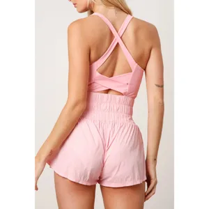 Peach Love California Womens Pink Smocked Ruffle Sporty‎ Active Romper Size M thumbnail 2