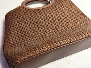 Vintage Fossil Brown Woven Tote Bag with Leather Trim & Logo Key Charm thumbnail 6