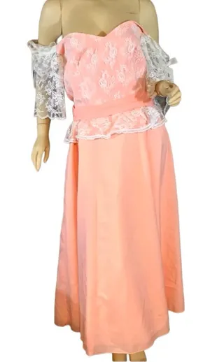 Vintage Mid To Late 70'S Peach Off-The-Shoulder Lacey Party Dress (M) thumbnail 1