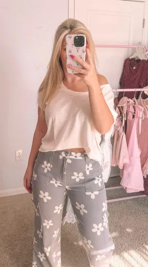 Purple Floral Denim Pants Size M thumbnail 1