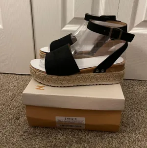 SheIn Black Open Toe Buckle Ankle Strap Espadrilles Flatform Wedge Casual Sandal thumbnail 10