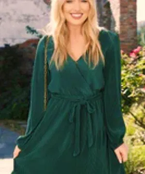 Hunter green pleated velvet mini dress thumbnail 3