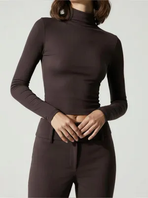 Kookai Lily Long Sleeve Ribbed Knit Mock Turtleneck Top, Ganache, FR36/US4 thumbnail 1