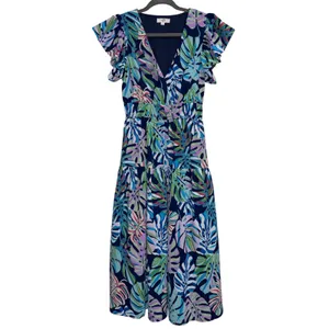 Entro Tropical Monstera Leaf Flutter Sleeve Tiered Midi Dress Maximalist‎ Resort thumbnail 2