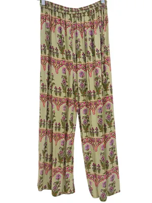 Boho Floral Wide Leg Palazzo Pants Size 38 Sage Green Pink Print Elastic Waist thumbnail 2
