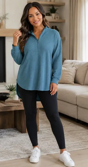 Zingjo Women's Ribbed Half-Zip Pullover Hoodie - Teal Blue thumbnail 1